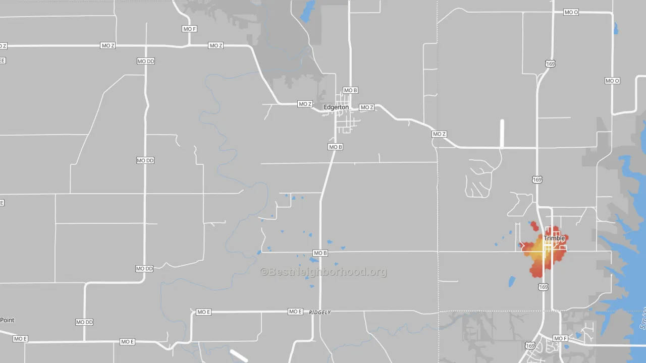 Walk Grade map of 64444, MO, walkable areas in green and car-dependent areas in red