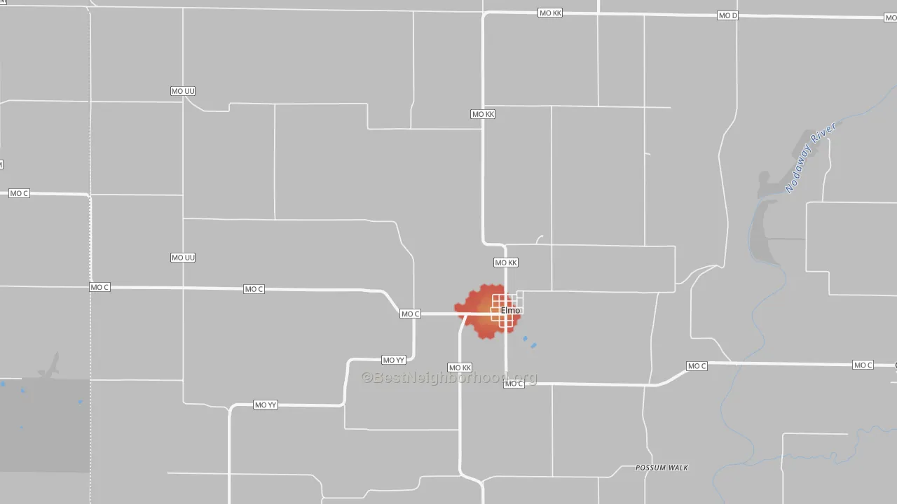 Walk Grade map of 64445, MO, walkable areas in green and car-dependent areas in red