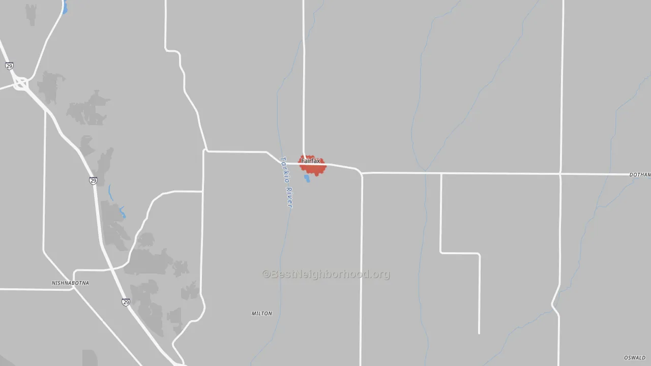 Walk Grade map of 64446, MO, walkable areas in green and car-dependent areas in red