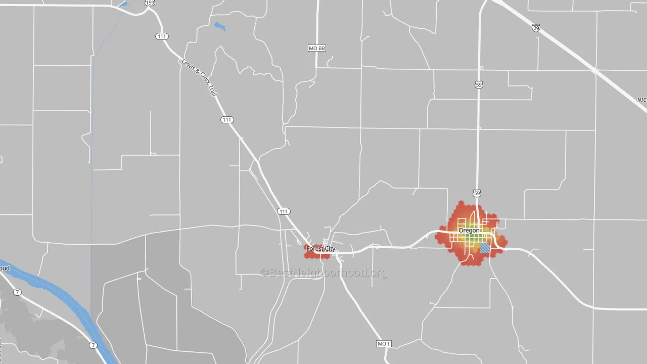 Walk Grade map of 64451, MO, walkable areas in green and car-dependent areas in red