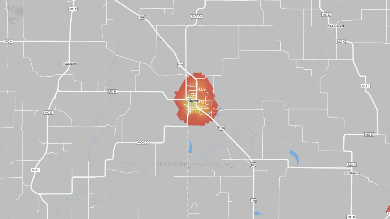 Walk Grade map of 64454, MO, walkable areas in green and car-dependent areas in red