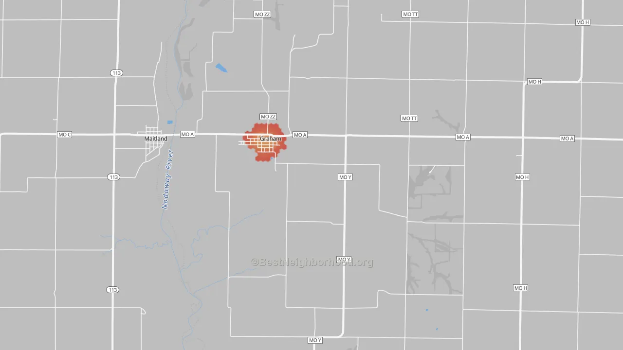 Walk Grade map of 64455, MO, walkable areas in green and car-dependent areas in red
