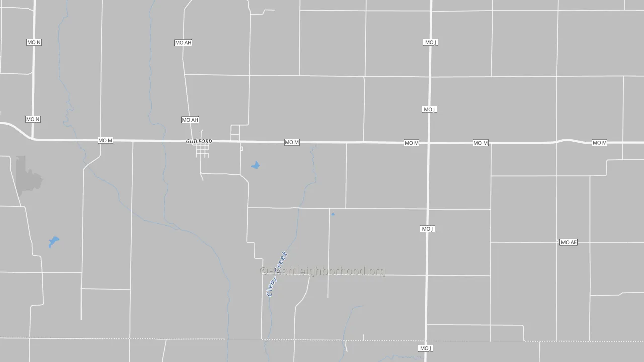 Walk Grade map of 64457, MO, walkable areas in green and car-dependent areas in red