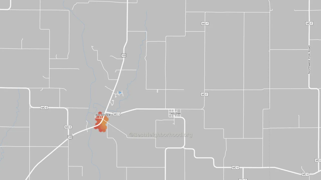 Walk Grade map of 64459, MO, walkable areas in green and car-dependent areas in red