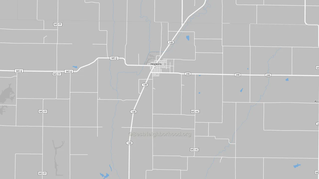 Walk Grade map of 64461, MO, walkable areas in green and car-dependent areas in red