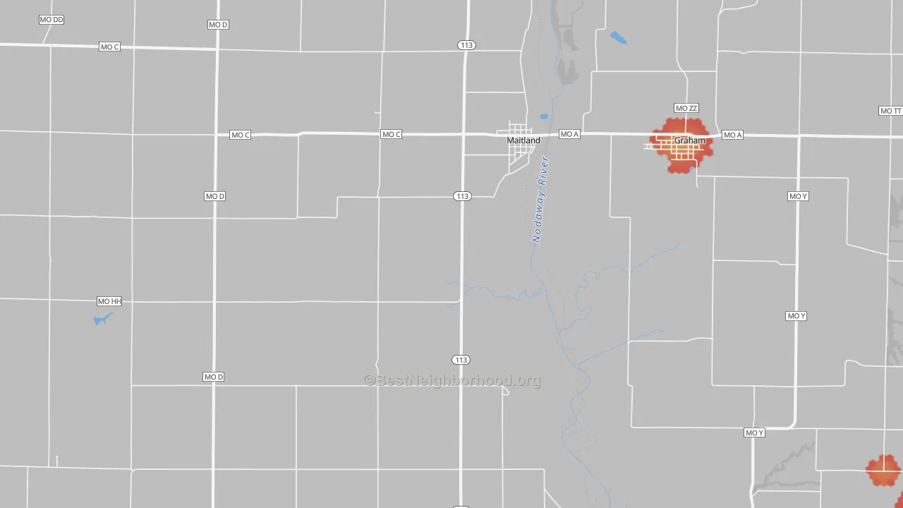 Walk Grade map of 64466, MO, walkable areas in green and car-dependent areas in red