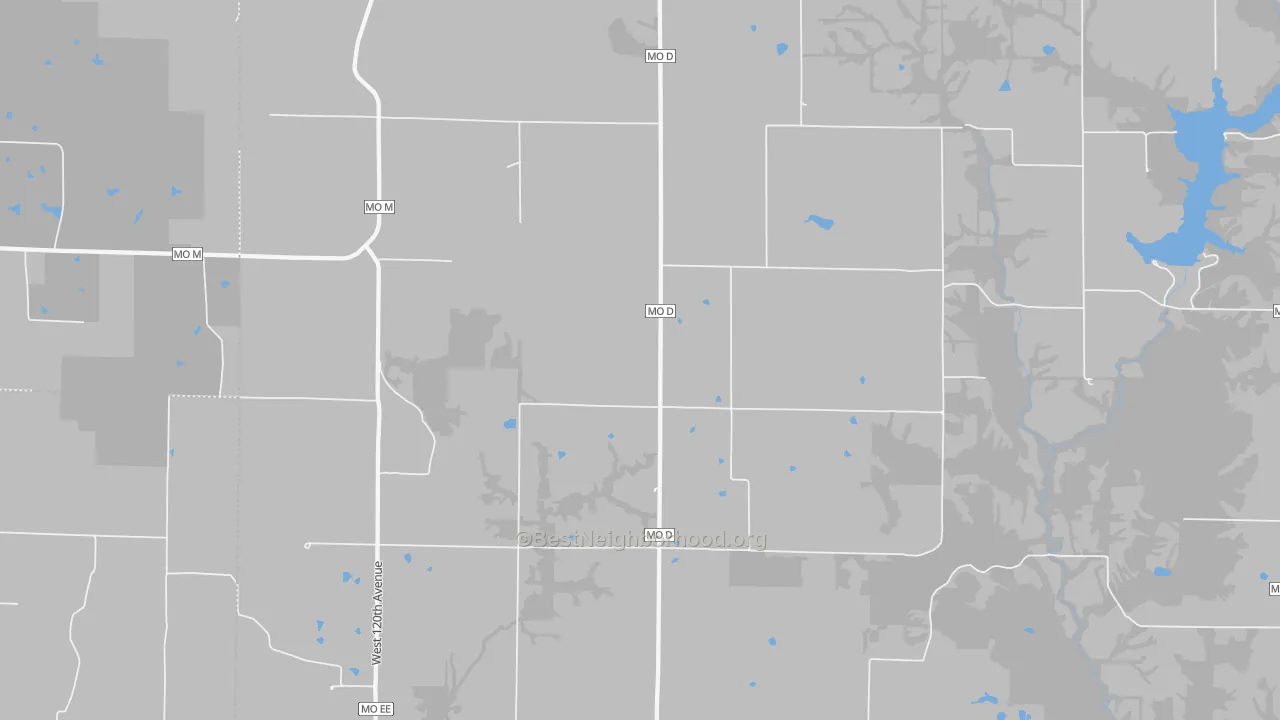 Walk Grade map of 64467, MO, walkable areas in green and car-dependent areas in red