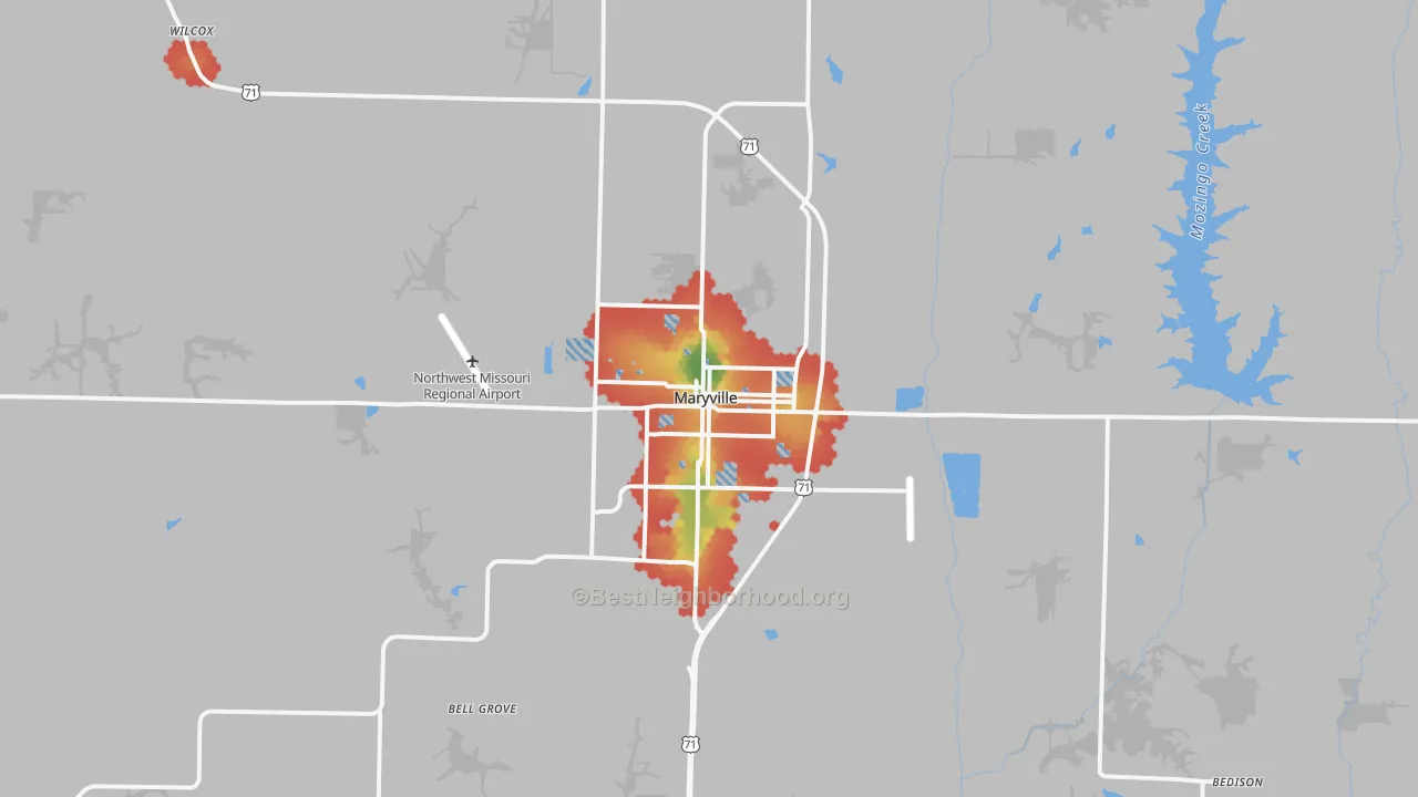 Walk Grade map of 64468, MO, walkable areas in green and car-dependent areas in red