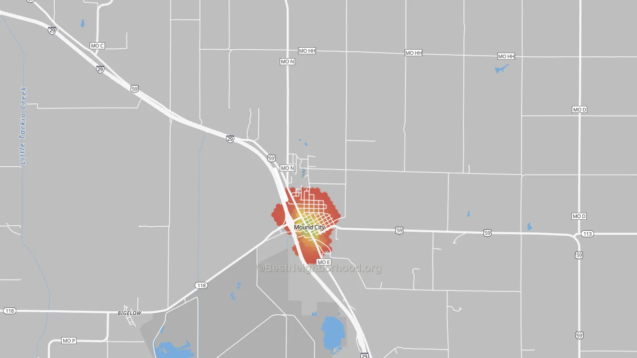 Walk Grade map of 64470, MO, walkable areas in green and car-dependent areas in red