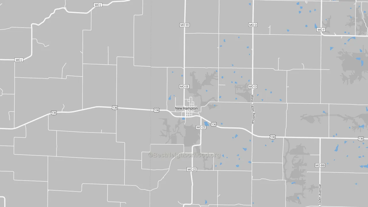 Walk Grade map of 64471, MO, walkable areas in green and car-dependent areas in red