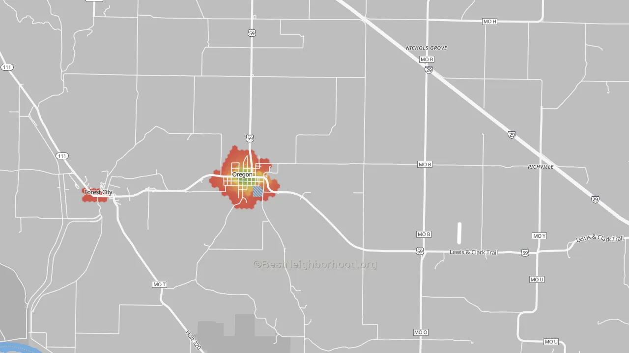 Walk Grade map of 64473, MO, walkable areas in green and car-dependent areas in red