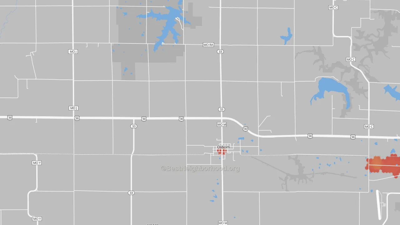 Walk Grade map of 64474, MO, walkable areas in green and car-dependent areas in red