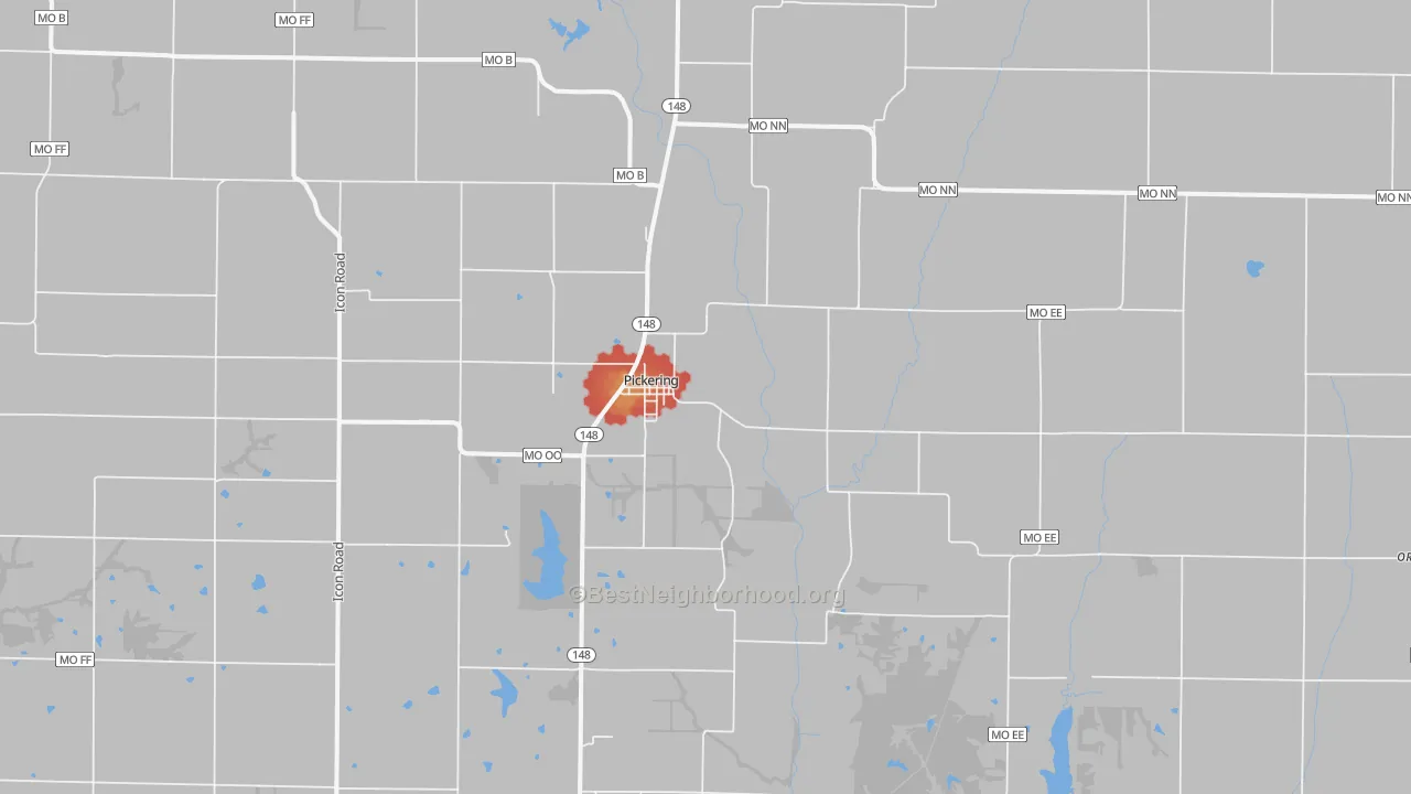 Walk Grade map of 64476, MO, walkable areas in green and car-dependent areas in red