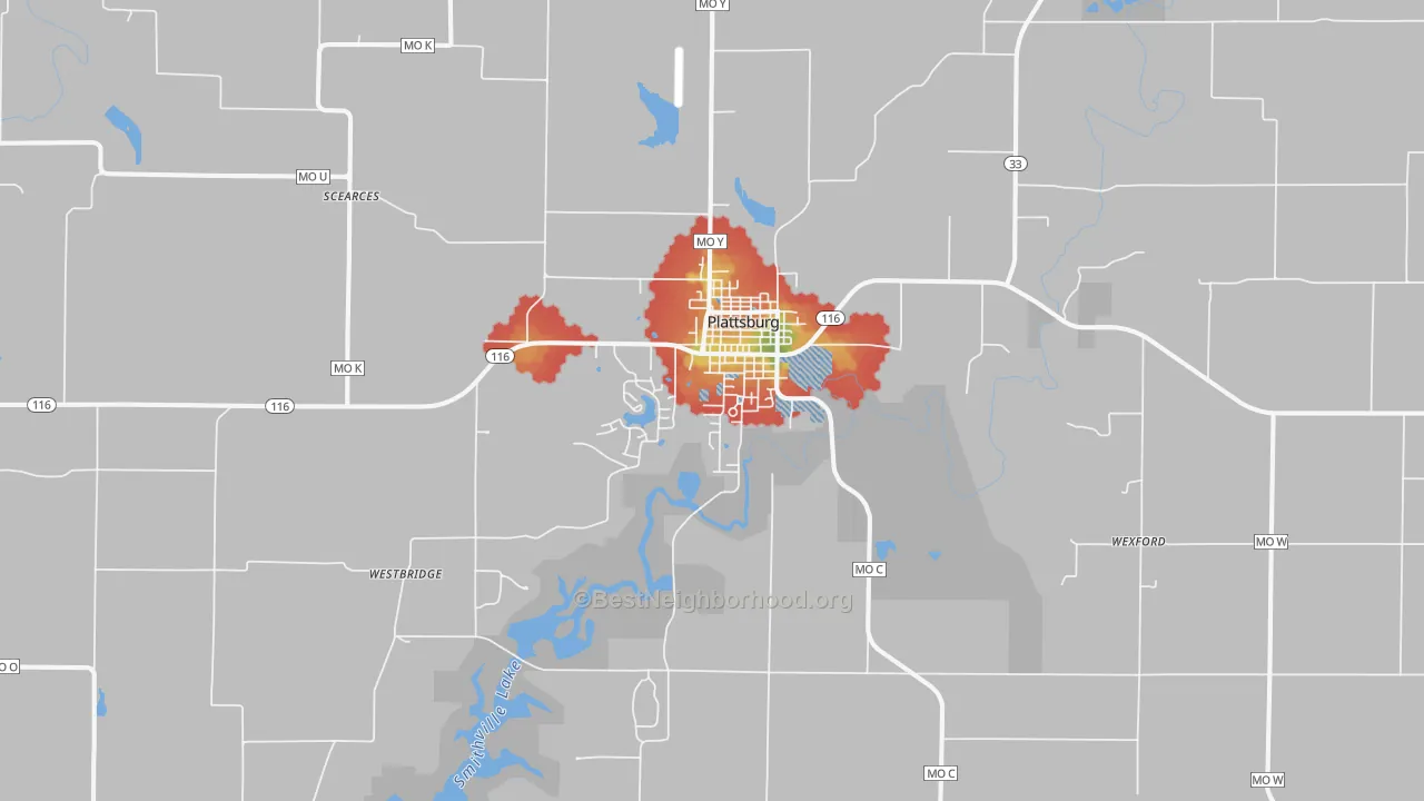 Walk Grade map of 64477, MO, walkable areas in green and car-dependent areas in red