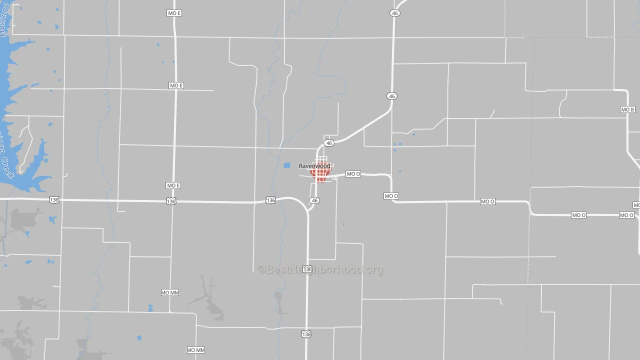 Walk Grade map of 64479, MO, walkable areas in green and car-dependent areas in red