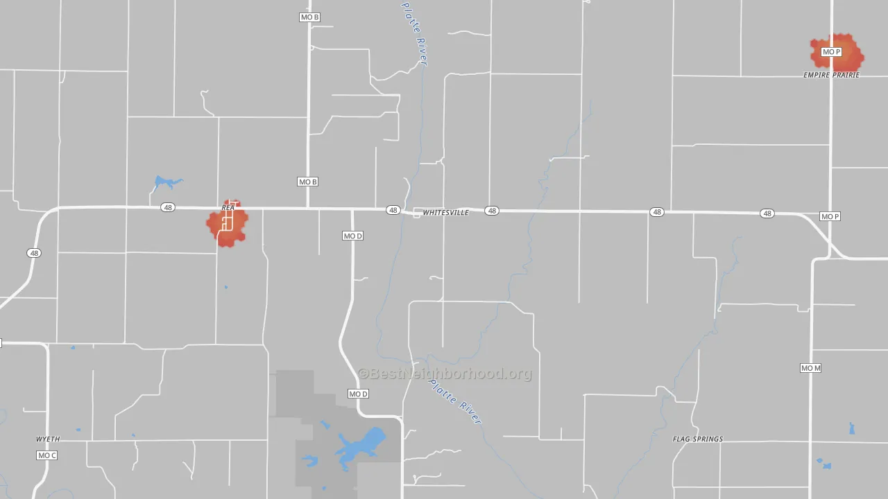 Walk Grade map of 64480, MO, walkable areas in green and car-dependent areas in red