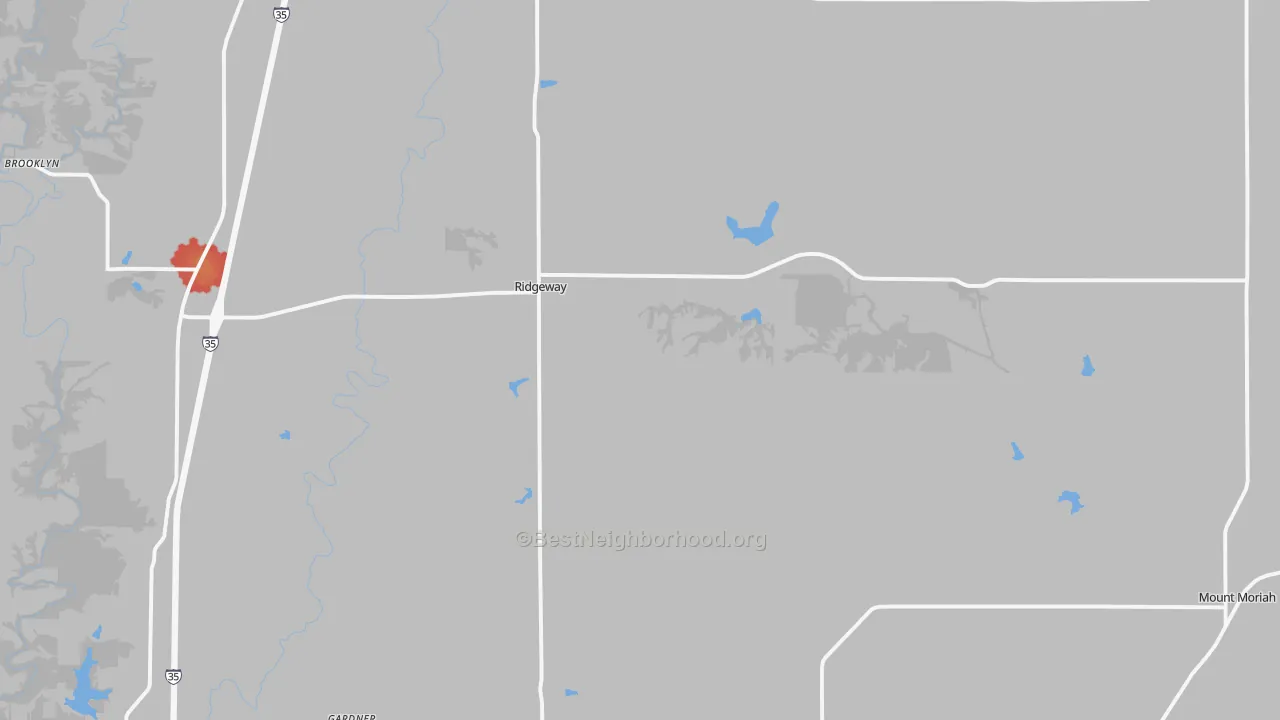 Walk Grade map of 64481, MO, walkable areas in green and car-dependent areas in red