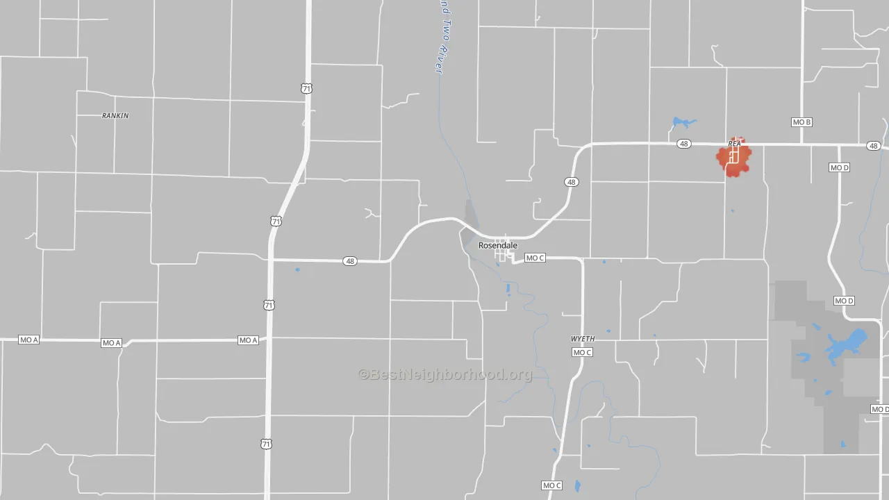 Walk Grade map of 64483, MO, walkable areas in green and car-dependent areas in red