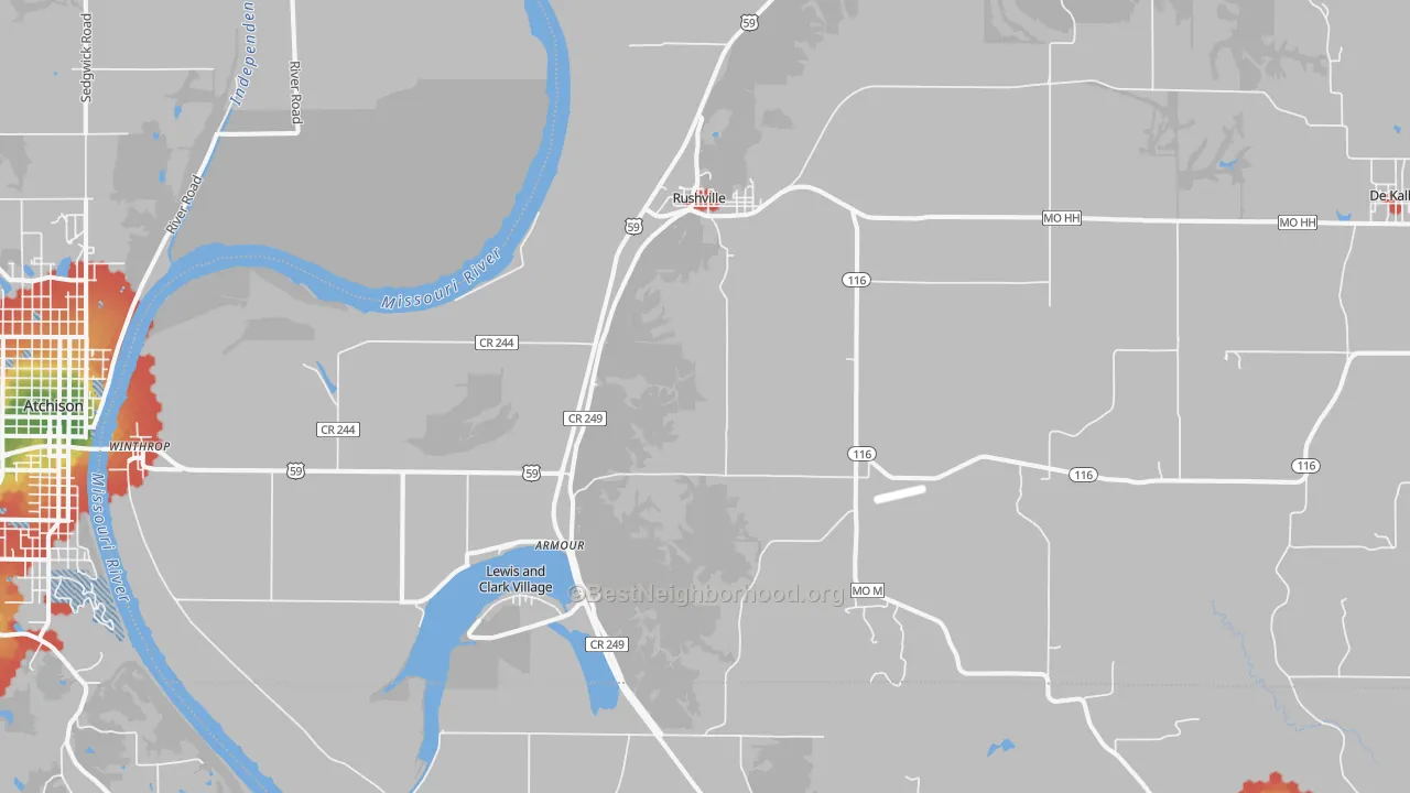 Walk Grade map of 64484, MO, walkable areas in green and car-dependent areas in red