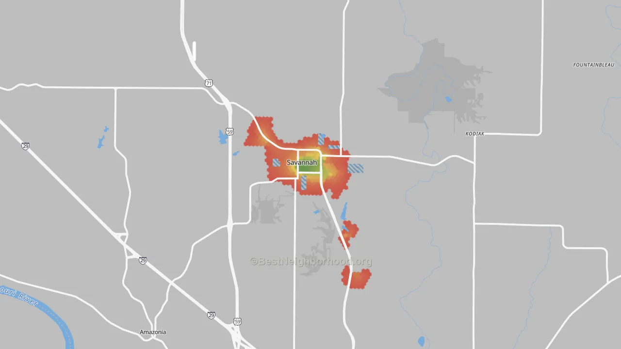 Walk Grade map of 64485, MO, walkable areas in green and car-dependent areas in red