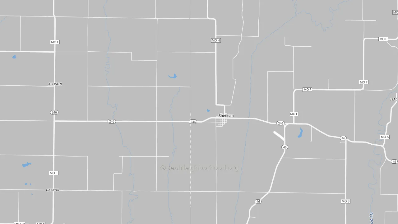 Walk Grade map of 64486, MO, walkable areas in green and car-dependent areas in red