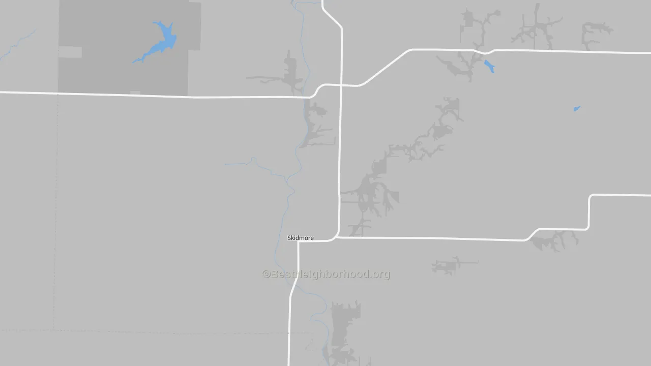Walk Grade map of 64487, MO, walkable areas in green and car-dependent areas in red