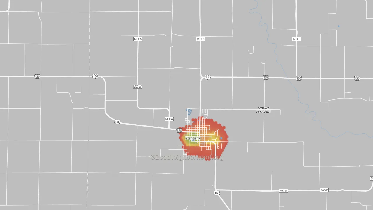 Walk Grade map of 64489, MO, walkable areas in green and car-dependent areas in red