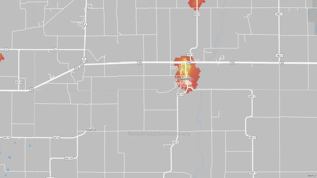Walk Grade map of 64490, MO, walkable areas in green and car-dependent areas in red