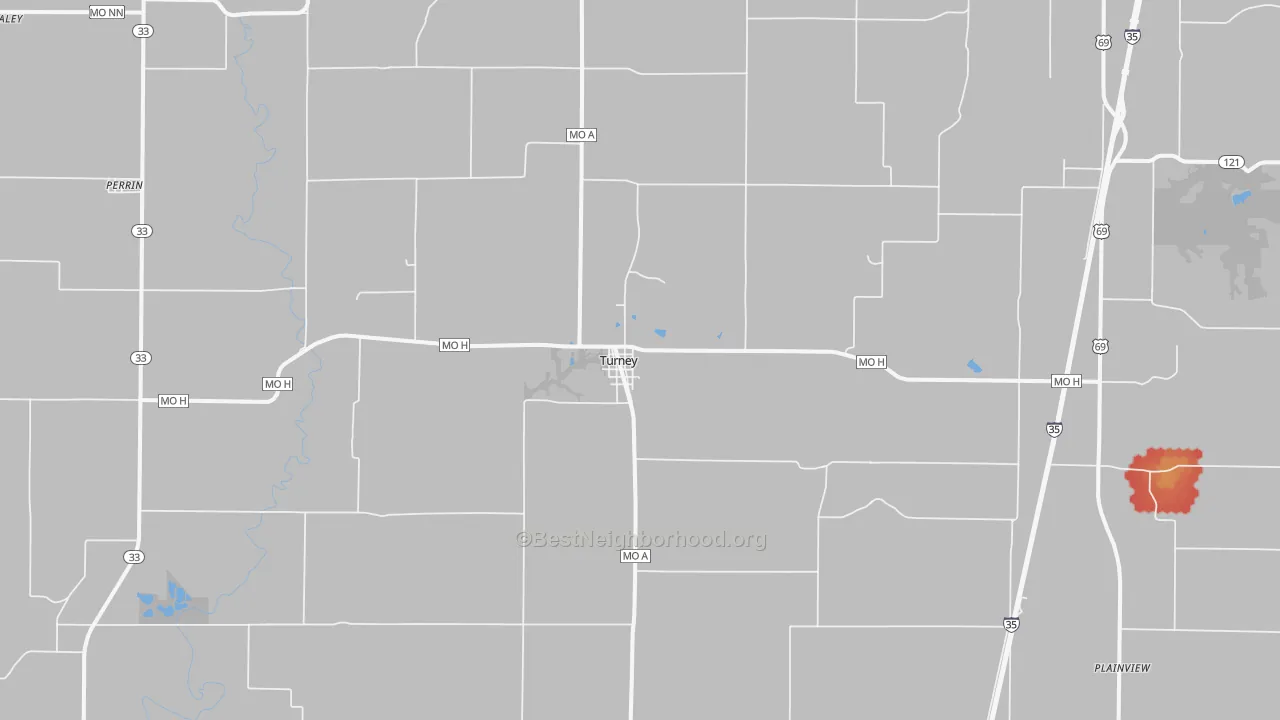 Walk Grade map of 64493, MO, walkable areas in green and car-dependent areas in red