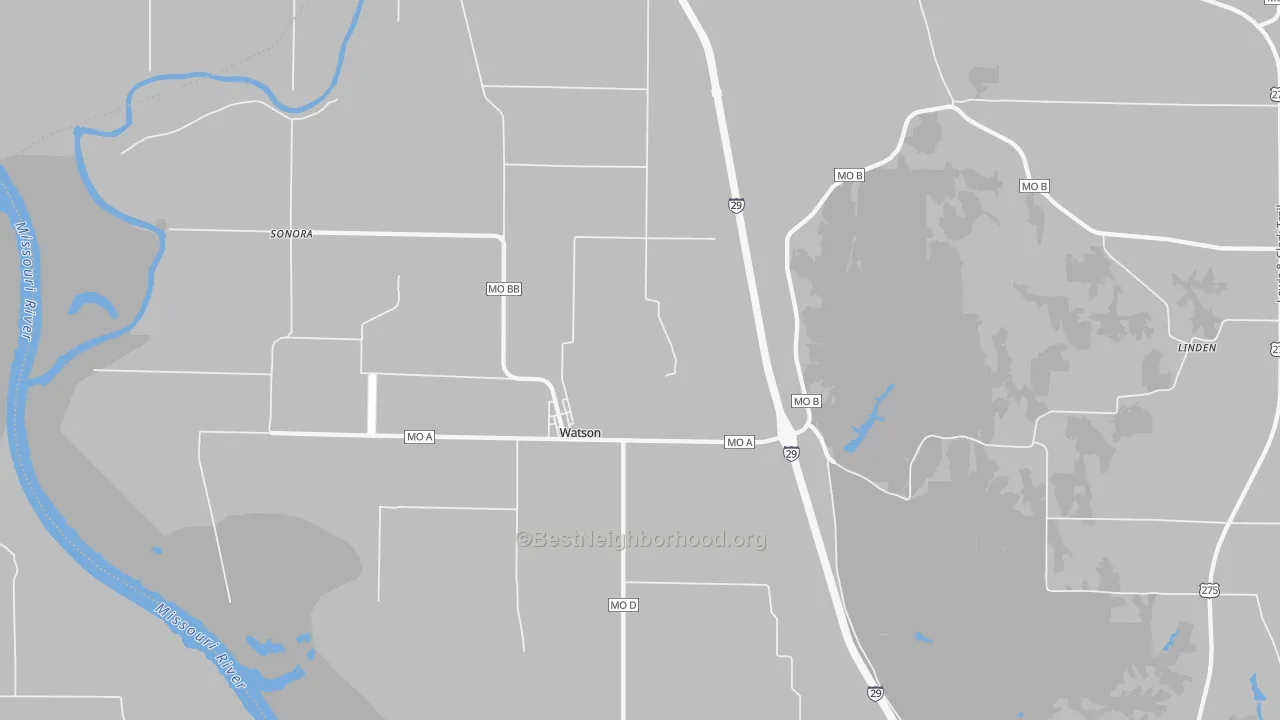 Walk Grade map of 64496, MO, walkable areas in green and car-dependent areas in red