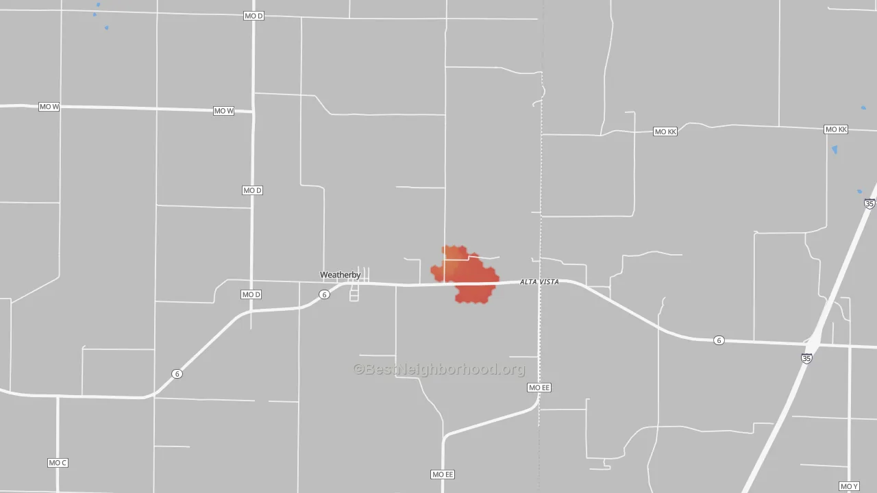 Walk Grade map of 64497, MO, walkable areas in green and car-dependent areas in red