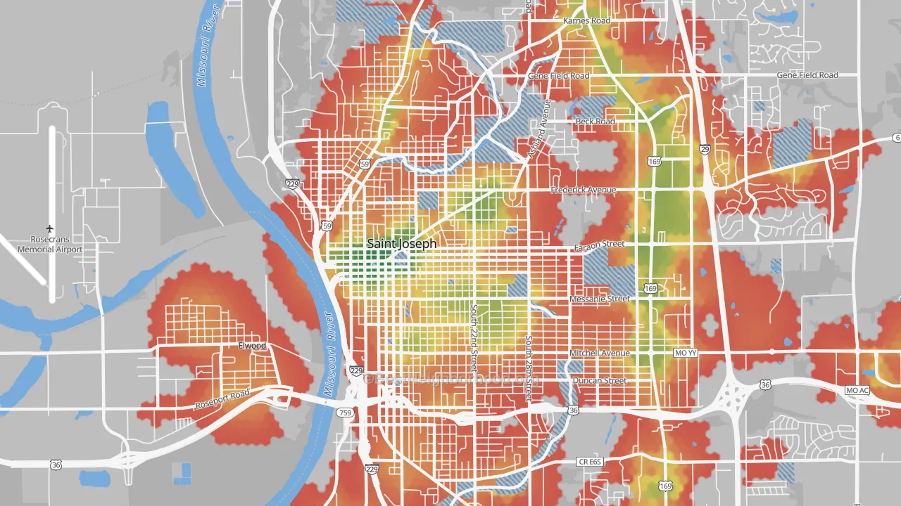 Walk Grade map of 64501, MO, walkable areas in green and car-dependent areas in red