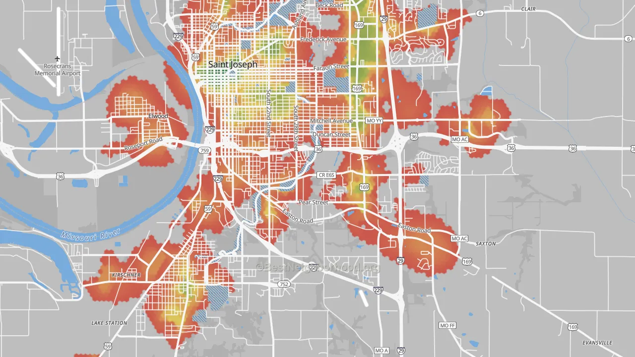 Walk Grade map of 64503, MO, walkable areas in green and car-dependent areas in red