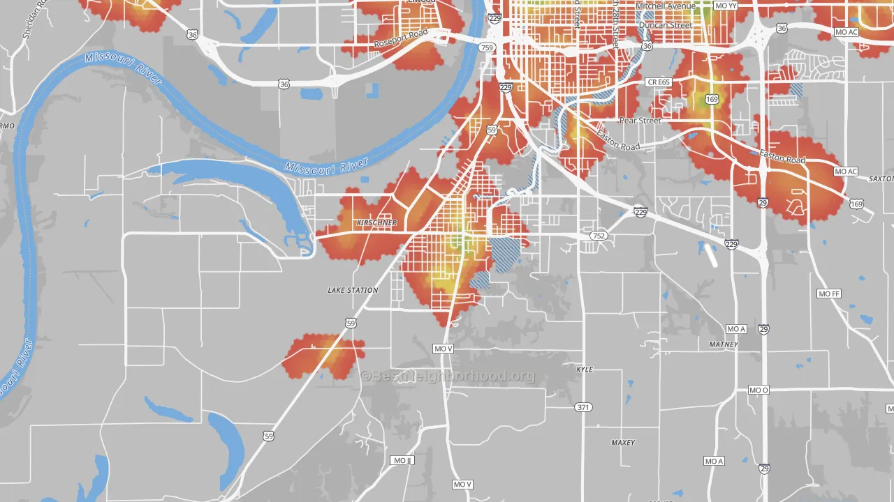 Walk Grade map of 64504, MO, walkable areas in green and car-dependent areas in red