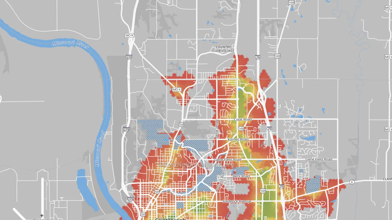 Walk Grade map of 64505, MO, walkable areas in green and car-dependent areas in red