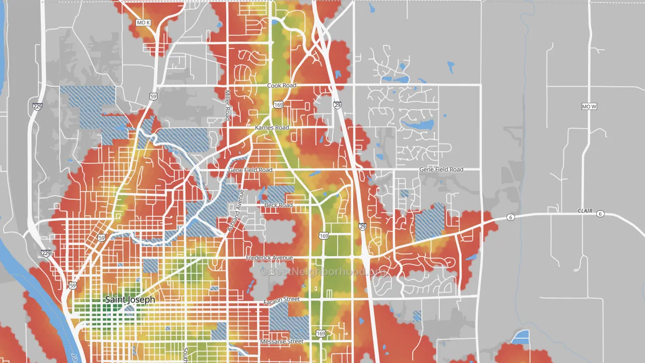 Walk Grade map of 64506, MO, walkable areas in green and car-dependent areas in red