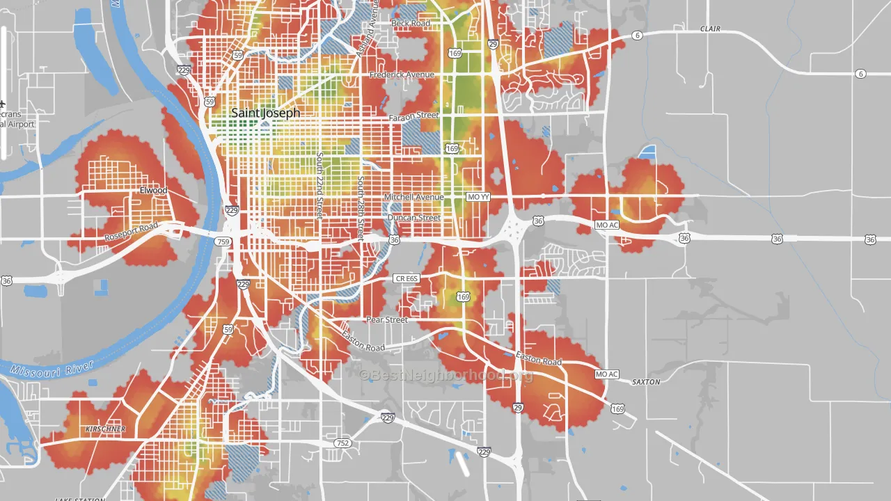 Walk Grade map of 64507, MO, walkable areas in green and car-dependent areas in red