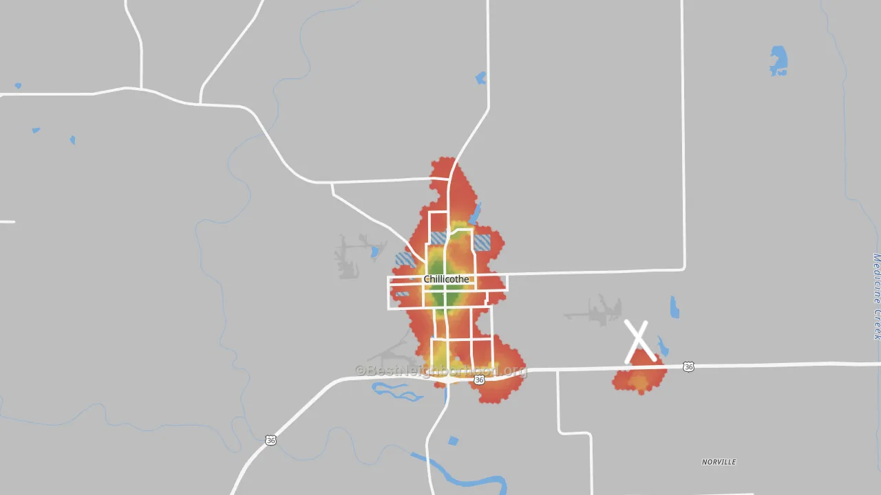 Walk Grade map of 64601, MO, walkable areas in green and car-dependent areas in red