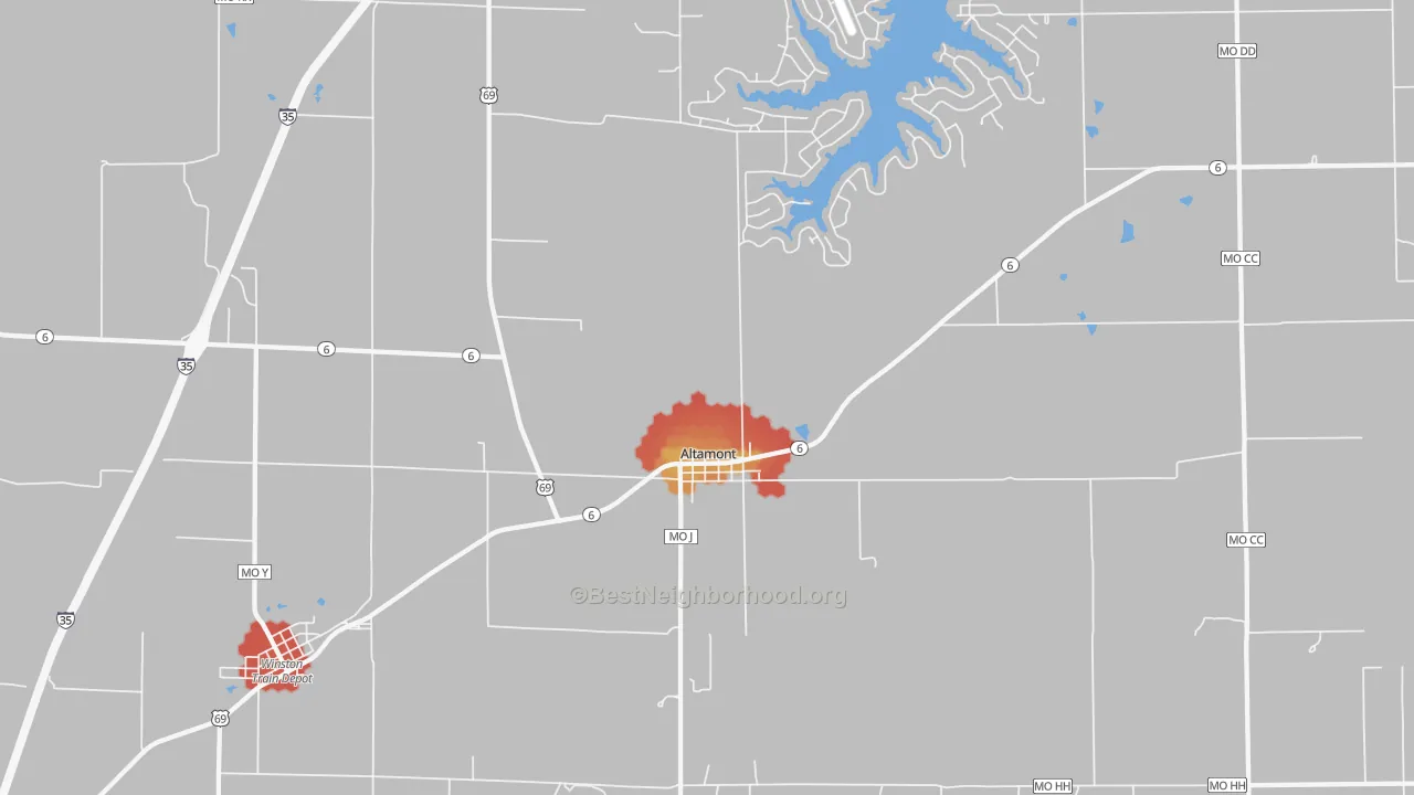 Walk Grade map of 64620, MO, walkable areas in green and car-dependent areas in red