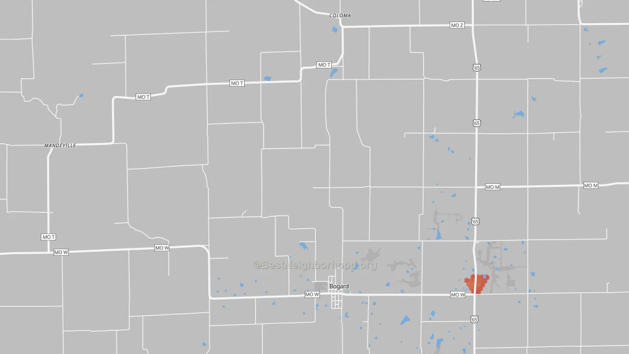 Walk Grade map of 64622, MO, walkable areas in green and car-dependent areas in red