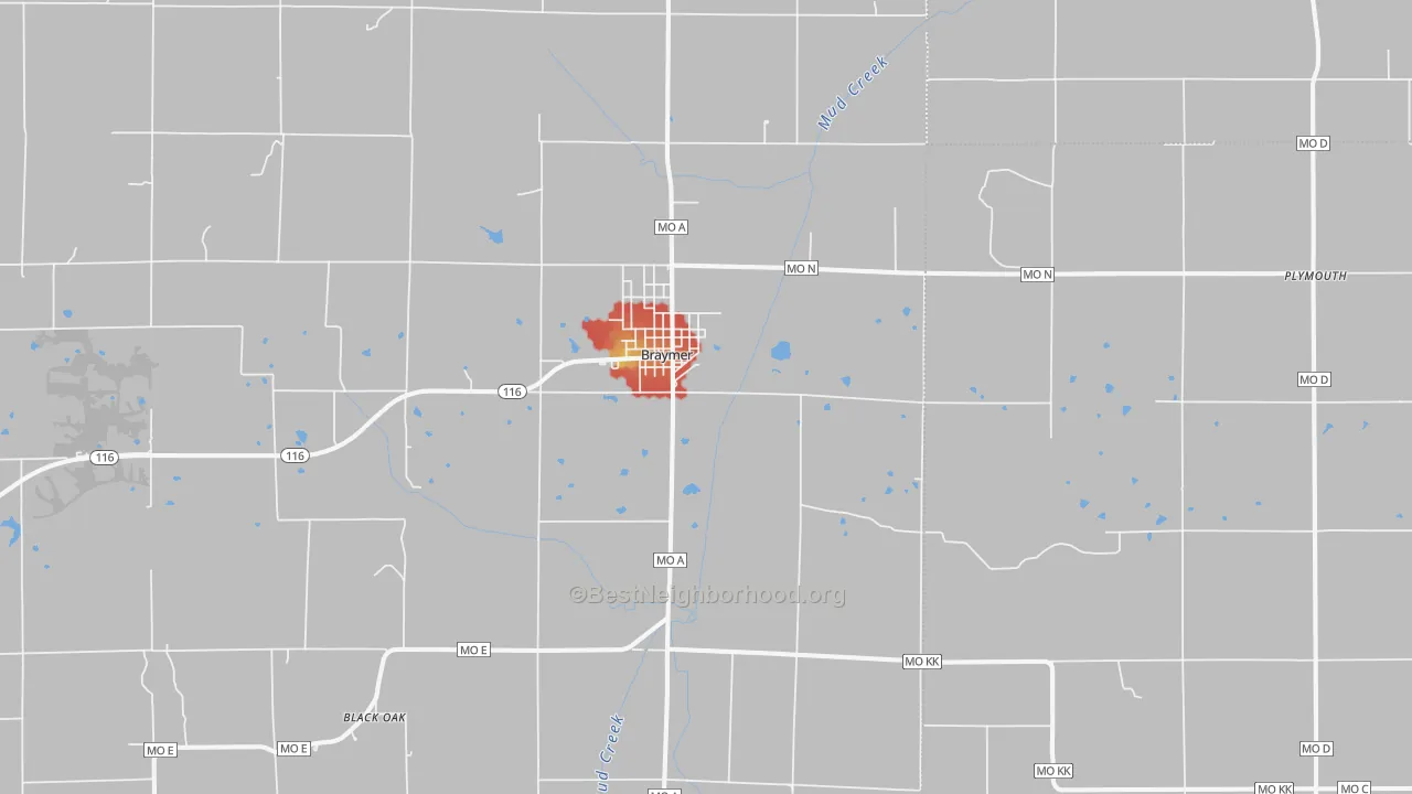 Walk Grade map of 64624, MO, walkable areas in green and car-dependent areas in red
