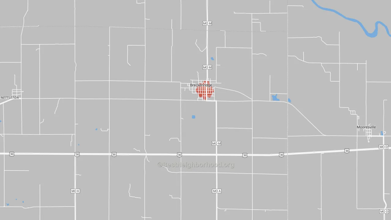 Walk Grade map of 64625, MO, walkable areas in green and car-dependent areas in red