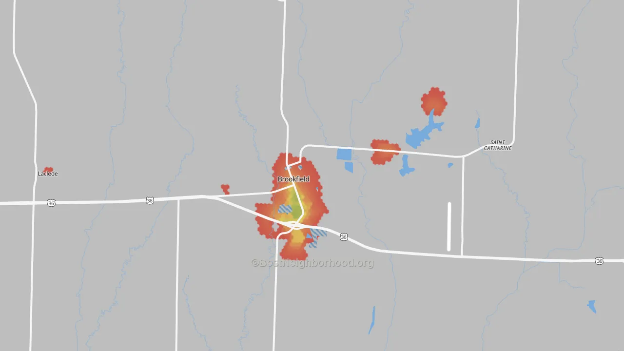 Walk Grade map of 64628, MO, walkable areas in green and car-dependent areas in red