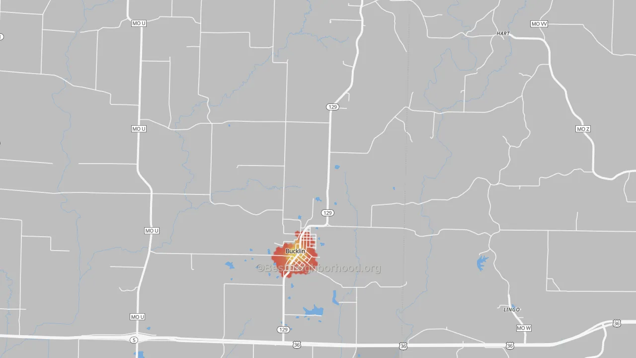 Walk Grade map of 64631, MO, walkable areas in green and car-dependent areas in red