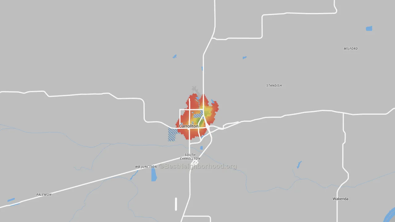 Walk Grade map of 64633, MO, walkable areas in green and car-dependent areas in red