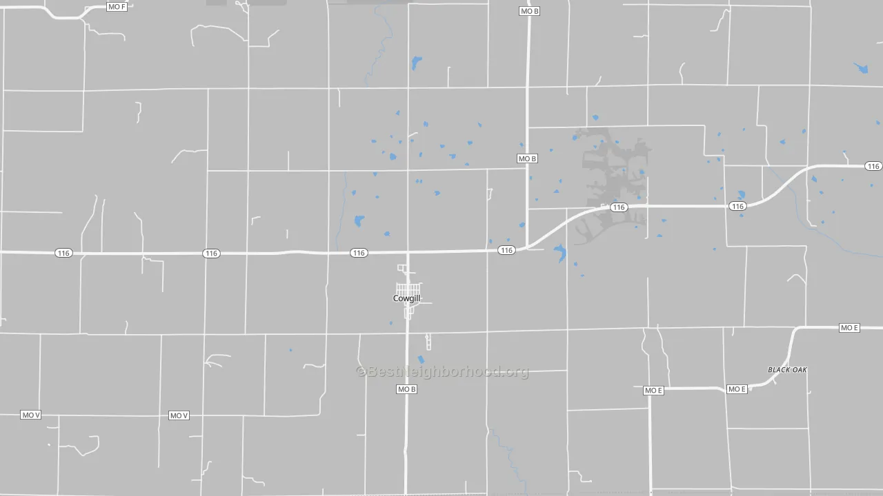 Walk Grade map of 64637, MO, walkable areas in green and car-dependent areas in red