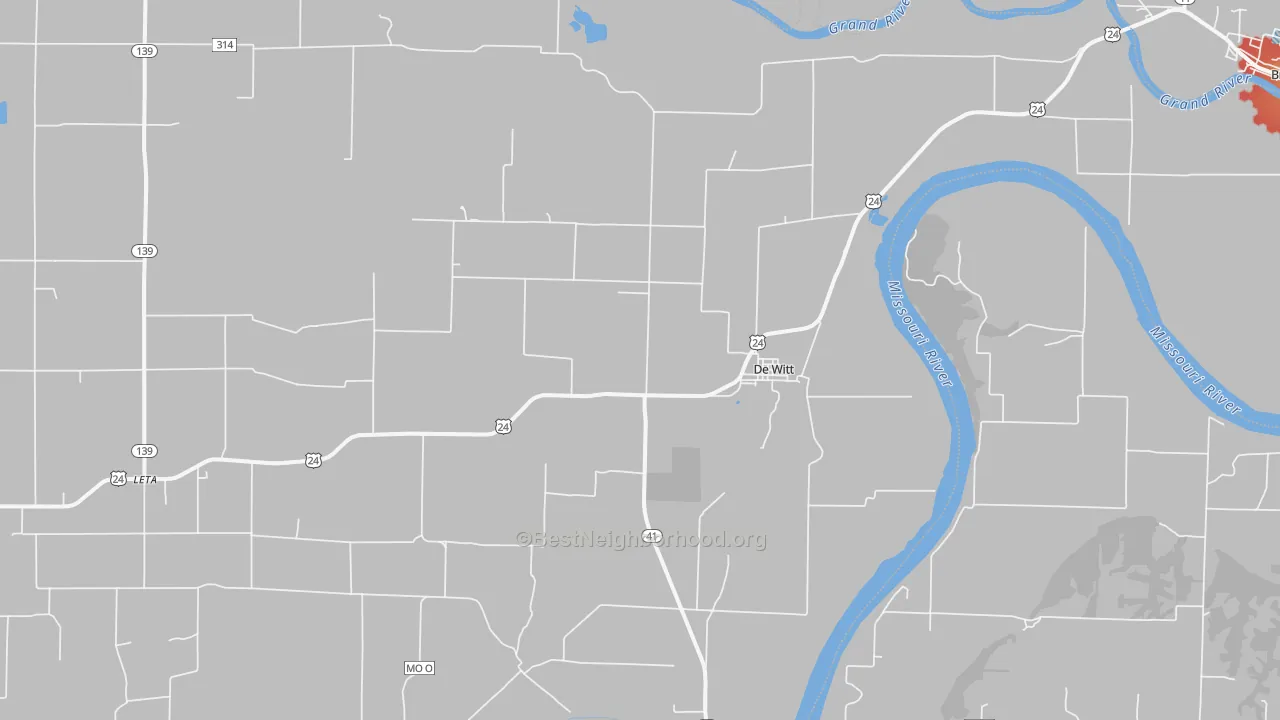 Walk Grade map of 64639, MO, walkable areas in green and car-dependent areas in red