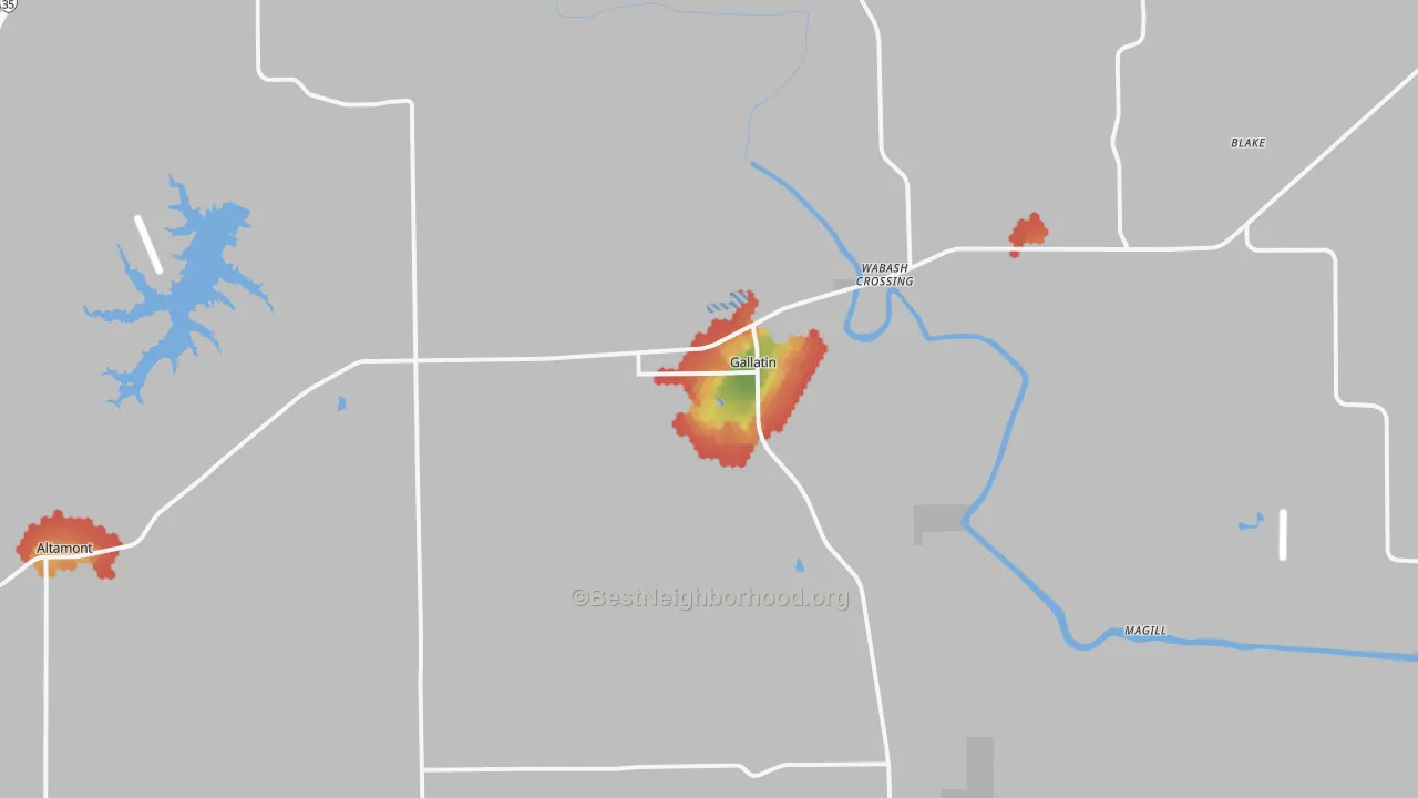 Walk Grade map of 64640, MO, walkable areas in green and car-dependent areas in red