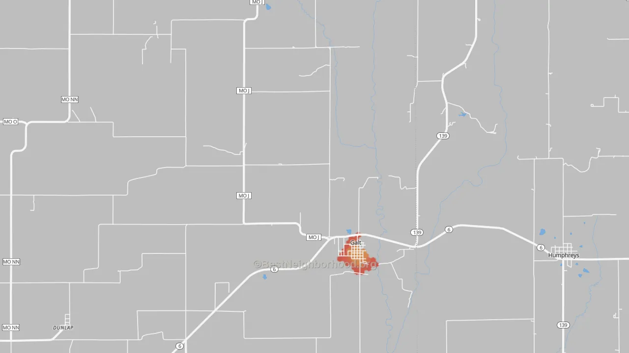 Walk Grade map of 64641, MO, walkable areas in green and car-dependent areas in red