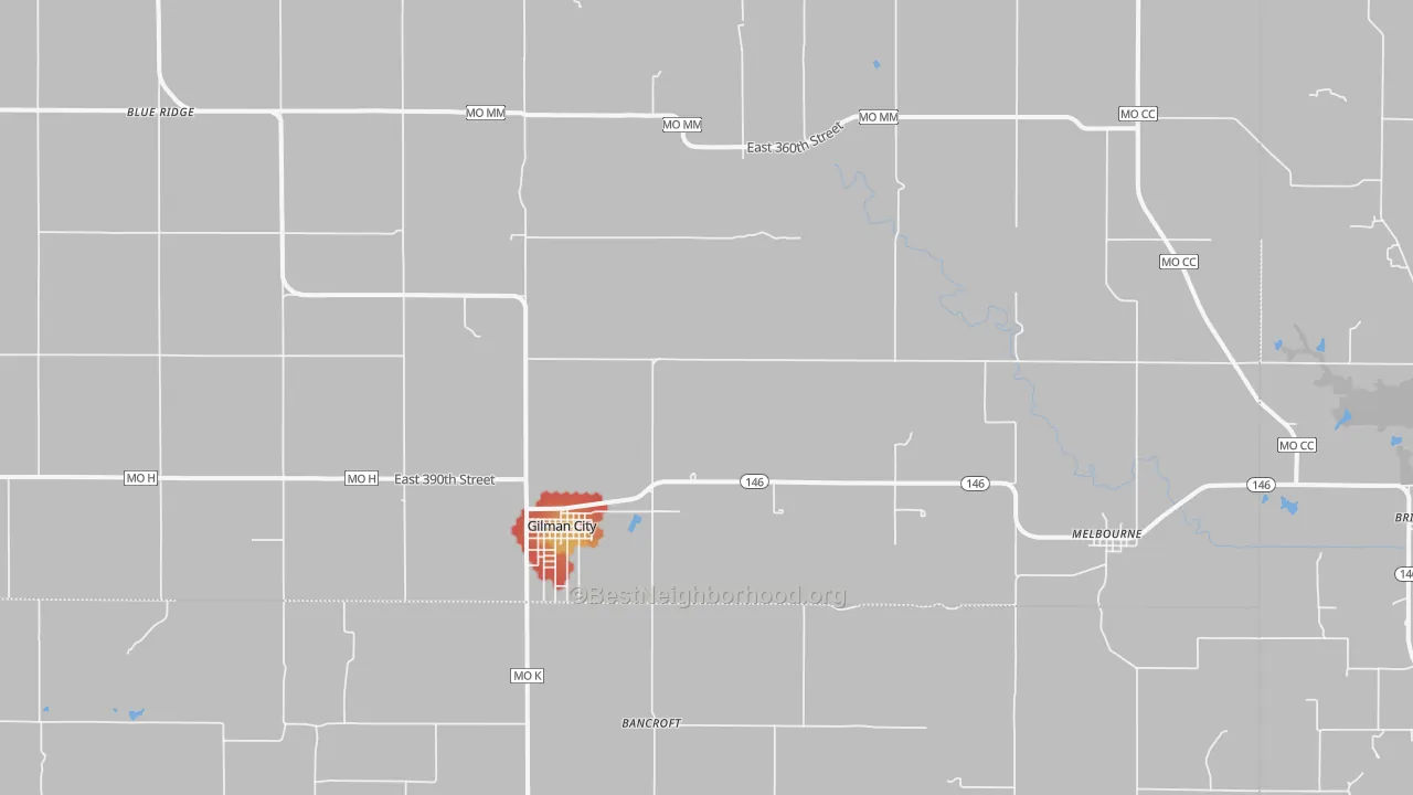 Walk Grade map of 64642, MO, walkable areas in green and car-dependent areas in red